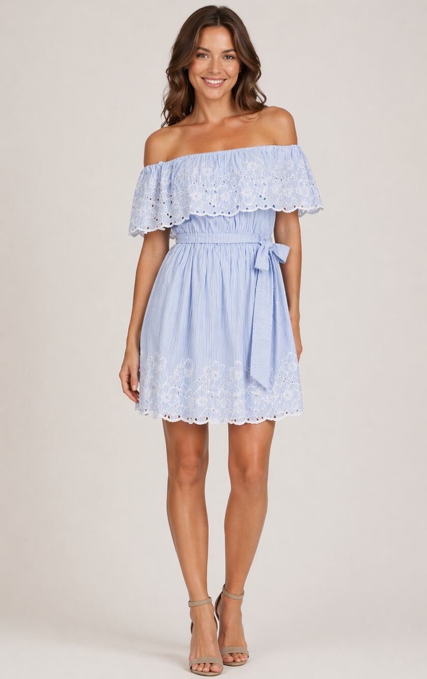 CeCe Womens Off the Shoulder Mini Dress Embroidered Edge Bluebird Size 8 NWT